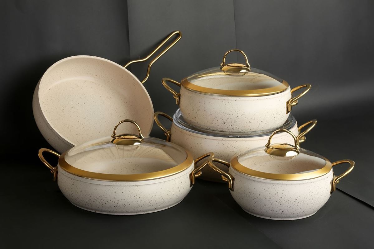 Picture of Ivory Color Granite Cookware Gold Glass Cover