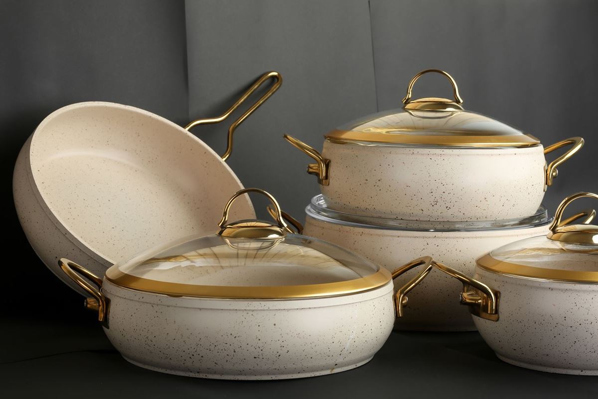 Picture of Ivory Color Granite Cookware Gold Glass Cover