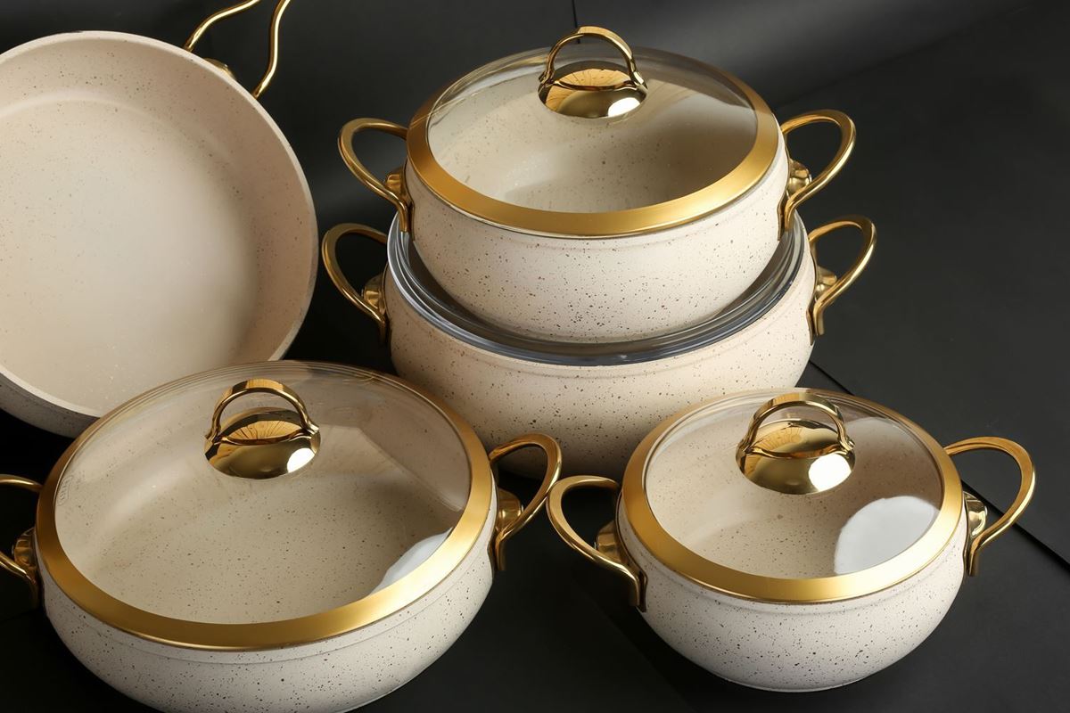 Изображение Набор посуды из гранита цвета слоновой кости, золотая стеклянная крышка