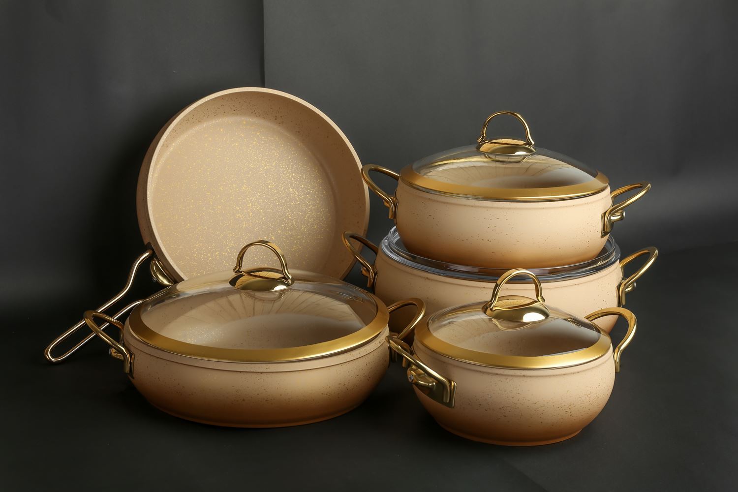 Cream Color Granite Cookware Gold Glass Cover. Parem | Deluxe Series