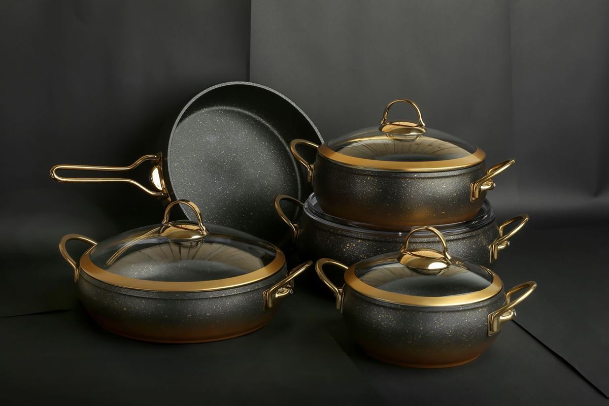 Picture of Black Color Granite Cookware Gold Glass Cover