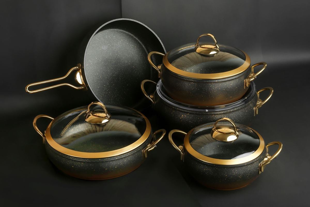 Picture of Black Color Granite Cookware Gold Glass Cover