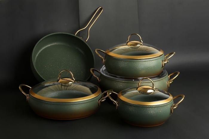 Picture of Green Color Granite Cookware Gold Glass Cover