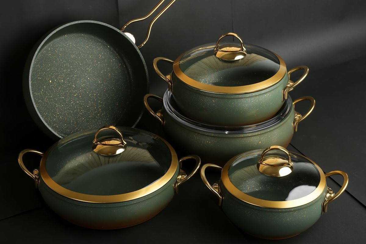 Picture of Green Color Granite Cookware Gold Glass Cover